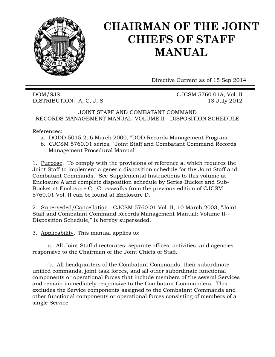 CJCSM 5760.01A Vol I 联合参谋部和作战司令部记录管理手册第一卷 程序.pdf_第1页
