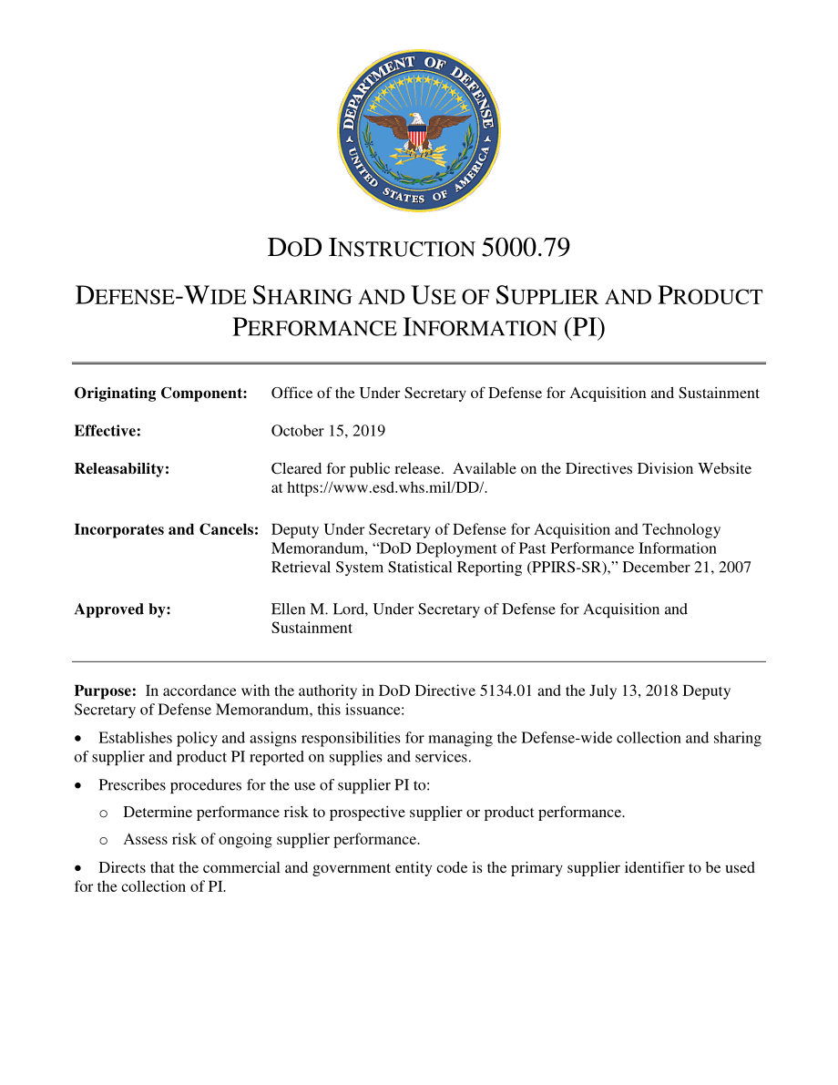 DoDI 5000.79 国防范围内供应商和产品性能信息的共享和使用（PI）.pdf_第1页