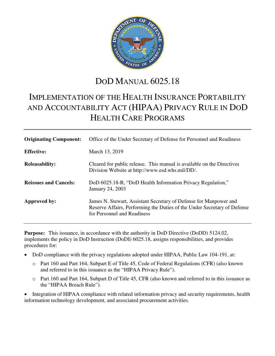 DoDM 6025.18 健康保险流通与责任法案（HIPAA）隐私规则在国防部医疗保健计划中的实施.pdf_第1页