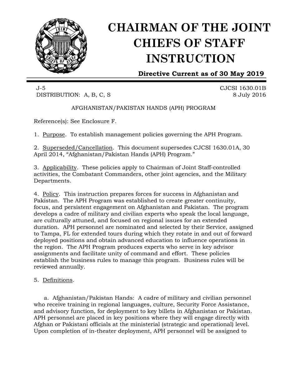 CJCSI 1630.01B 阿富汗 巴基斯坦之手计划（APH）.pdf_第1页