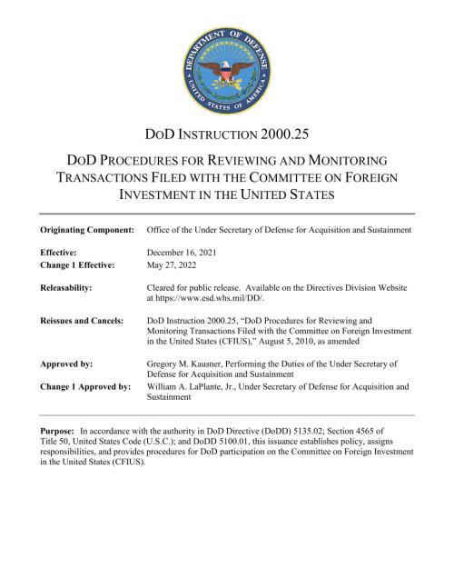DoDI 2000.25 国防部审查和监控向美国外国投资委员会提交的交易的程序.pdf