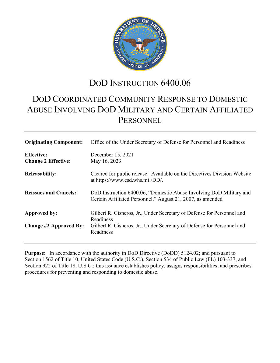 DoDI 6400.06 国防部协调社区应对涉及国防部军人和某些附属人员的家庭暴力.pdf_第1页