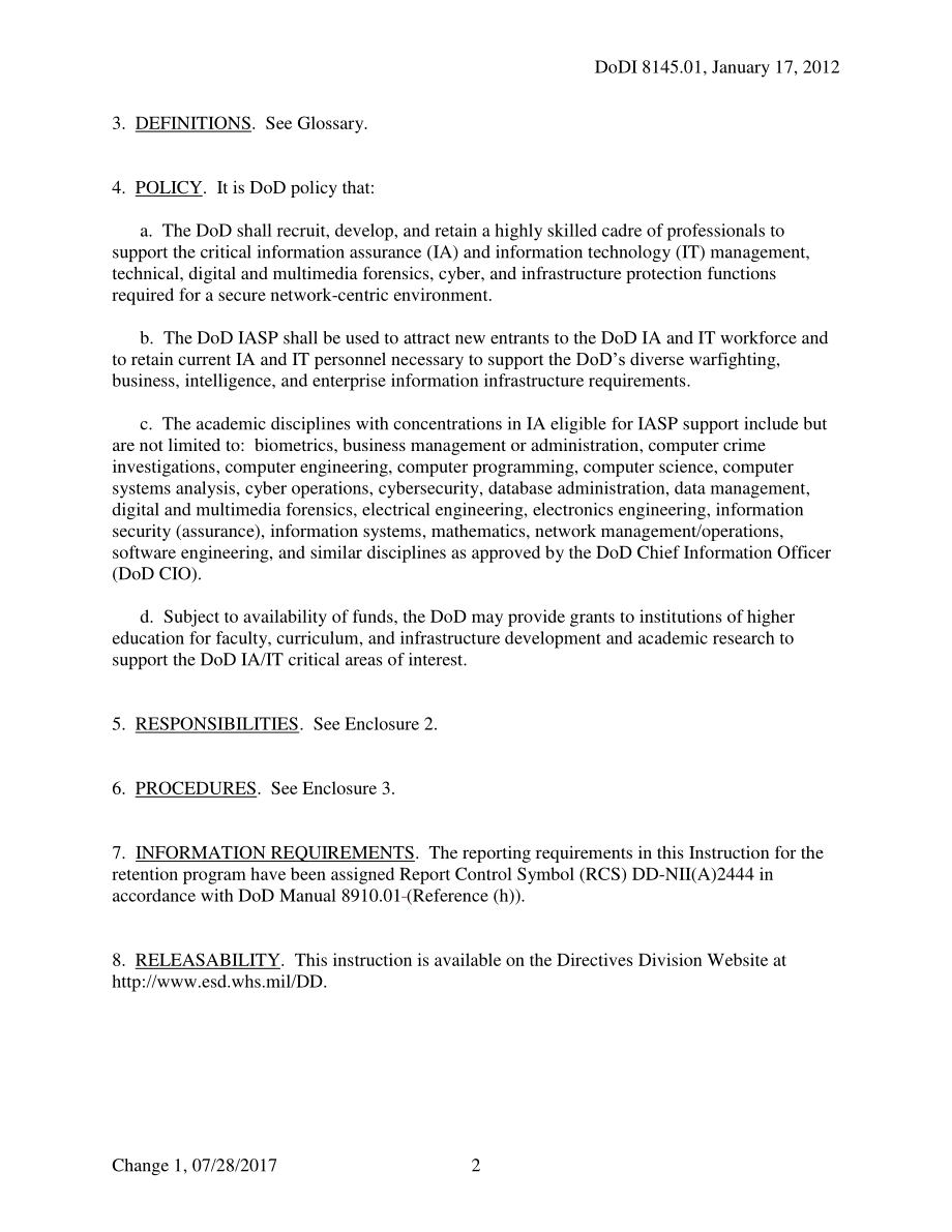 DoDI 8145.01 国防部信息保障奖学金计划.pdf_第2页