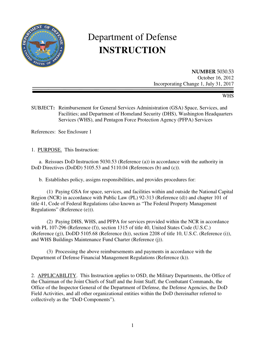 DoDI 5030.53 偿还总务管理局（GSA）太空、服务和设施；国土安全部（DHS）、华盛顿总部服务（WHS）和五角大楼部队保护局（PFPA）服务.pdf_第1页
