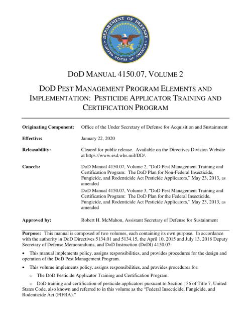 DoDM 4150.07 Volume 2 国防部害虫管理计划要素和实施：农药施用者培训和认证计划.pdf