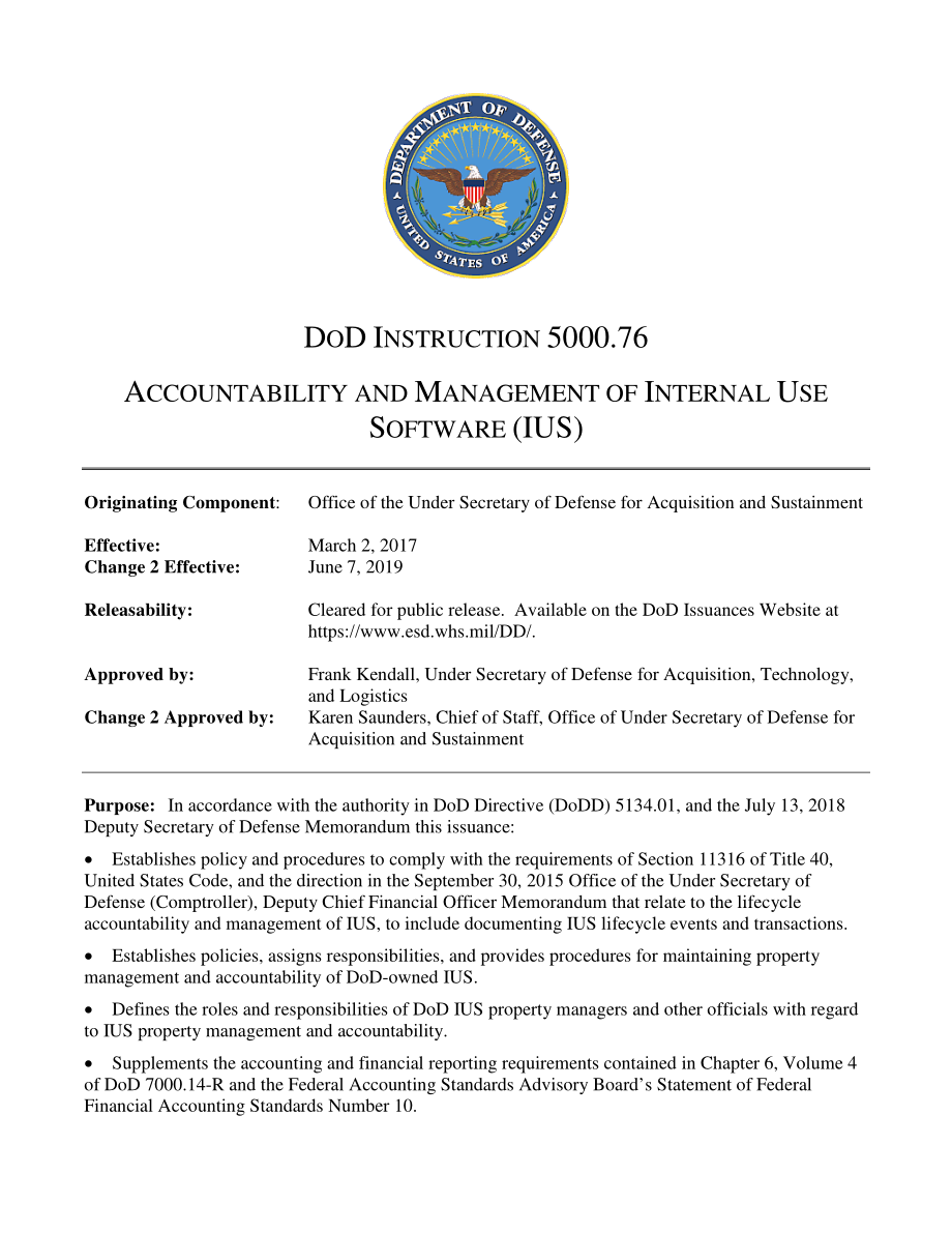 DoDI 5000.76 内部使用软件（IUS）的责任和管理.pdf_第1页