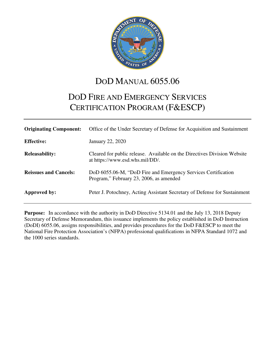 DoDM 6055.06 美国国防部消防和紧急服务认证计划（F&ESCP）.pdf_第1页