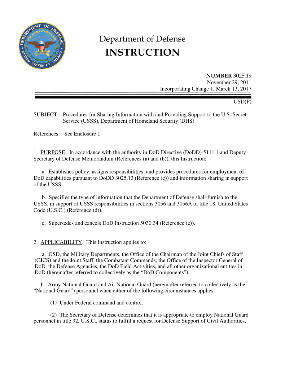 DoDI 3025.19 与美国特勤局（USSS）、国土安全部（DHS）共享信息和提供支持的程序.pdf_第1页
