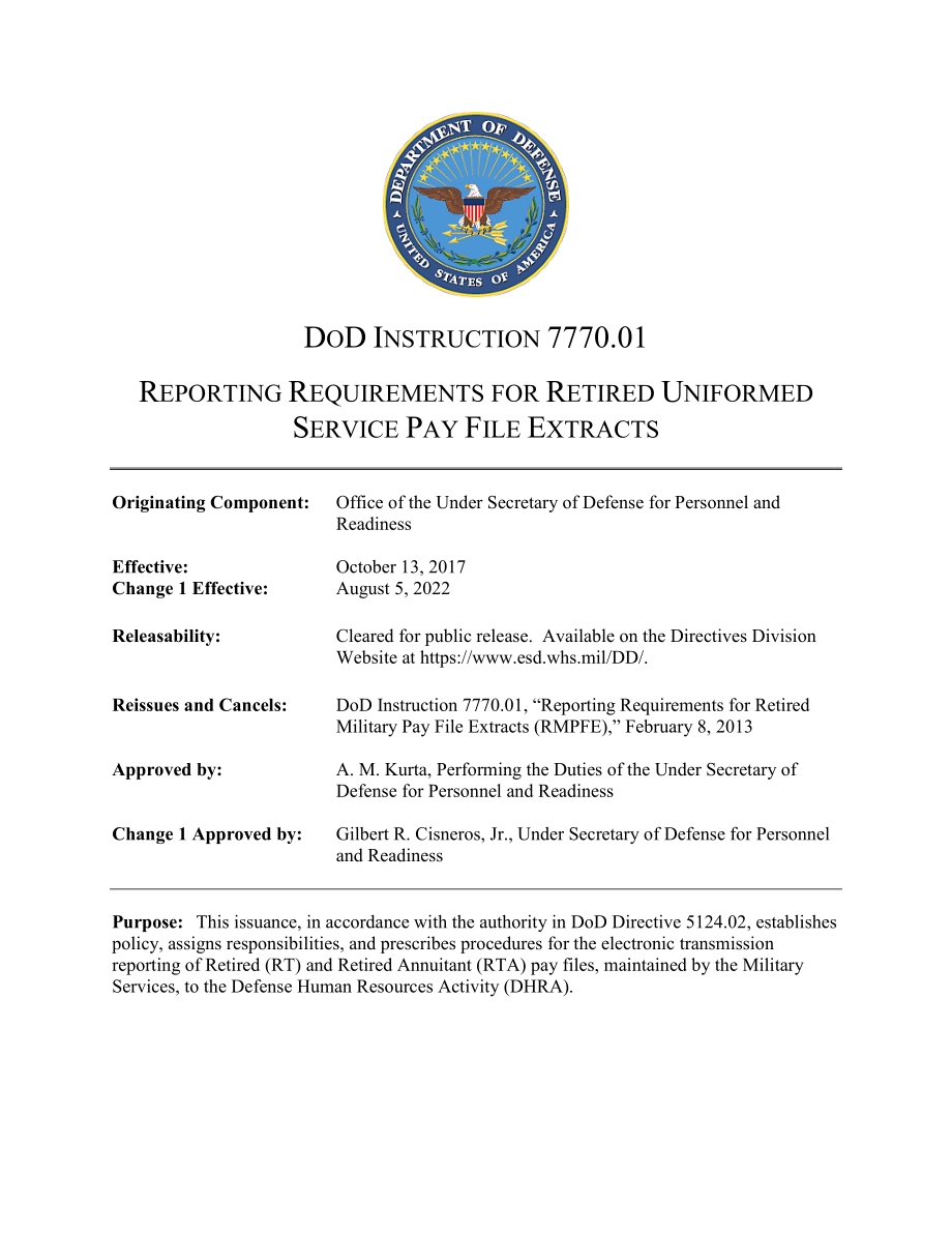 DoDI 7770.01 退役制服服务支付文件摘录的报告要求.pdf_第1页