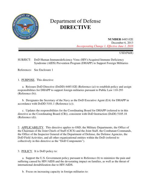 DoDD 6485.02E 国防部人类免疫缺陷病毒（HIV）获得性免疫缺陷综合症（艾滋病）预防计划（DHAPP）支持外国军队.pdf