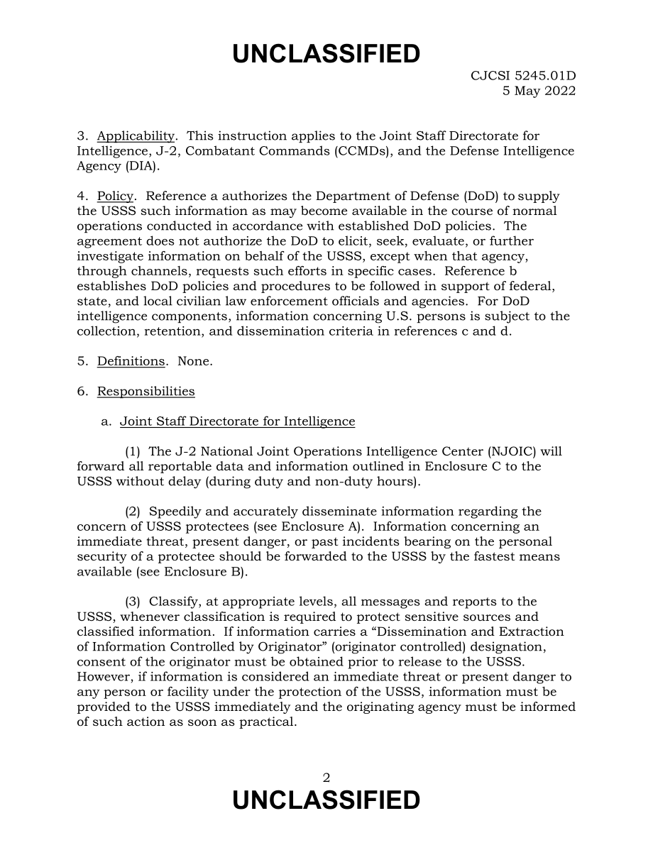 CJCSI 5245.01D 国防部与美国特勤局分享有关保护美国总统和其他官员的信息.pdf_第2页