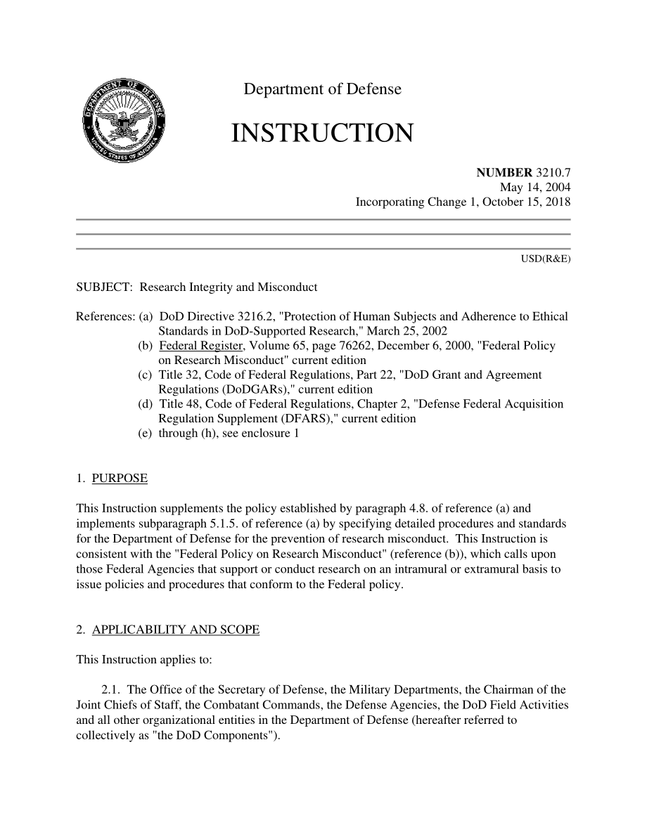 DoDI 3210.07 研究诚信和不当行为.pdf_第1页
