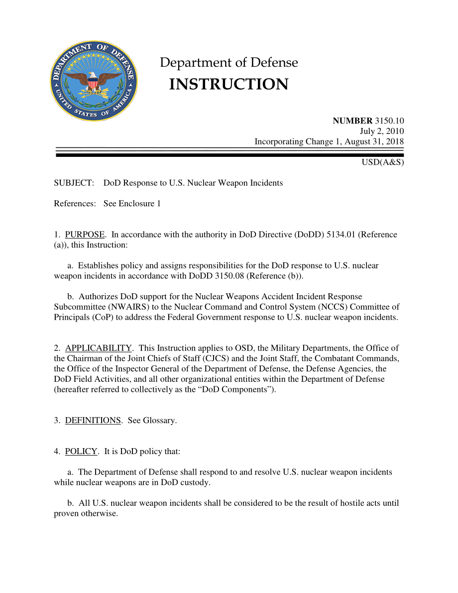 DoDI 3150.10 国防部对美国核武器事件的回应.pdf_第1页