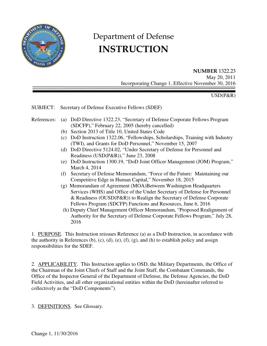 DoDI 1322.23 国防部长执行研究员（SDEF）.pdf_第1页