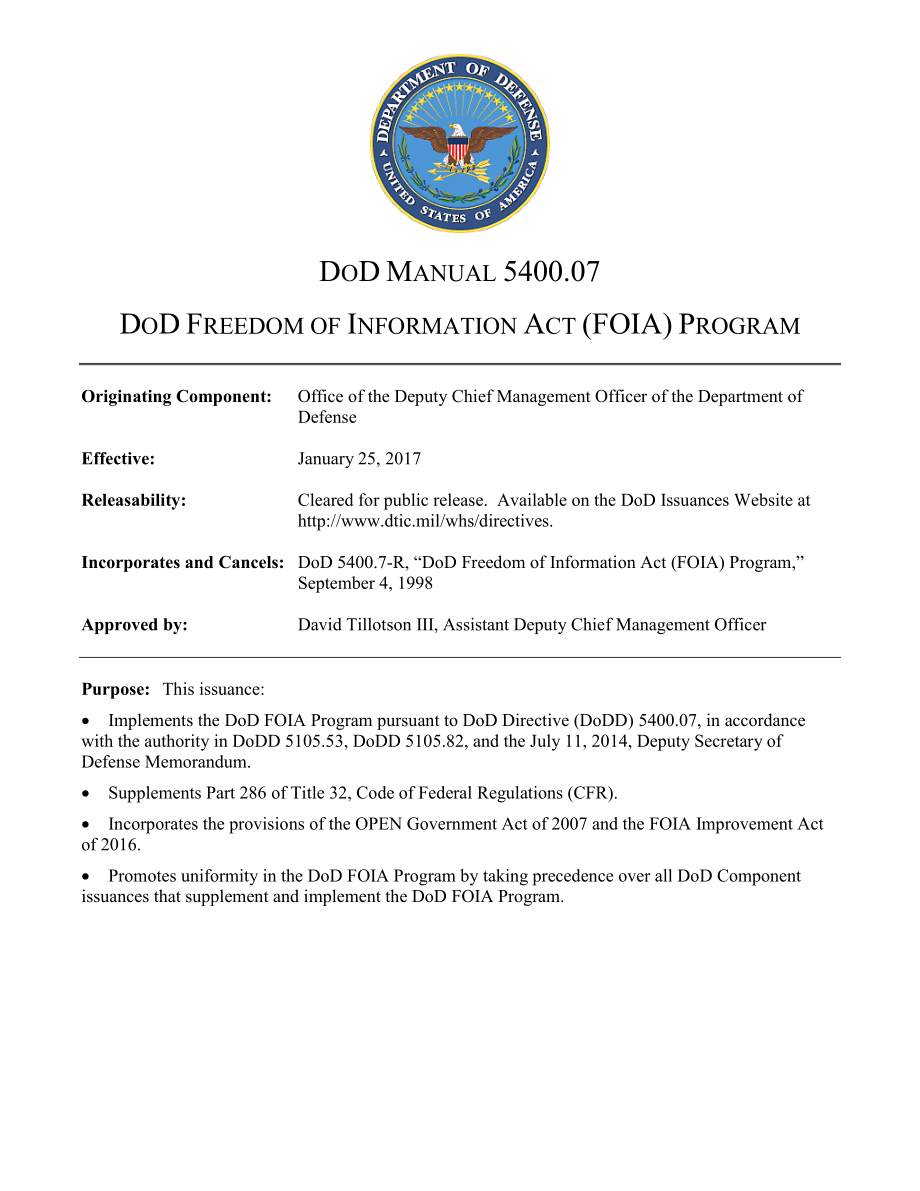 DoDM 5400.07 国防部信息自由法案（FOIA）计划.pdf_第1页