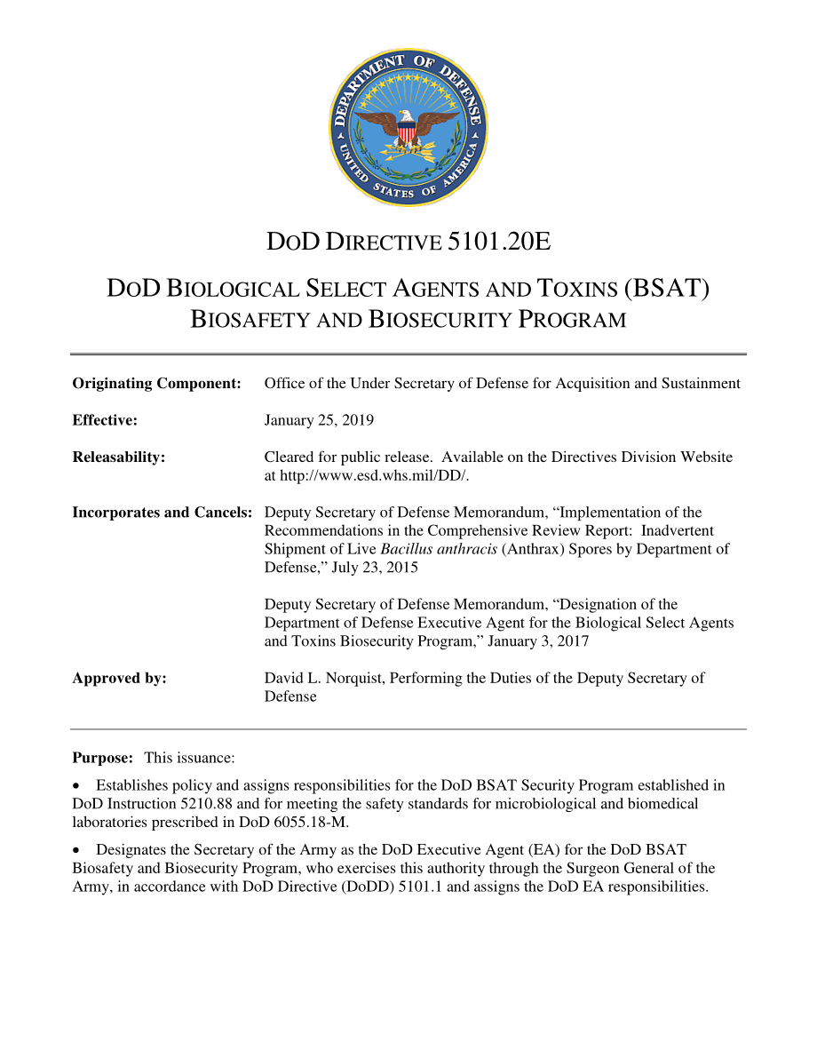 DoDD 5101.20E 国防部生物选择剂和毒素（BSAT）生物安全和生物安保计划.pdf_第1页