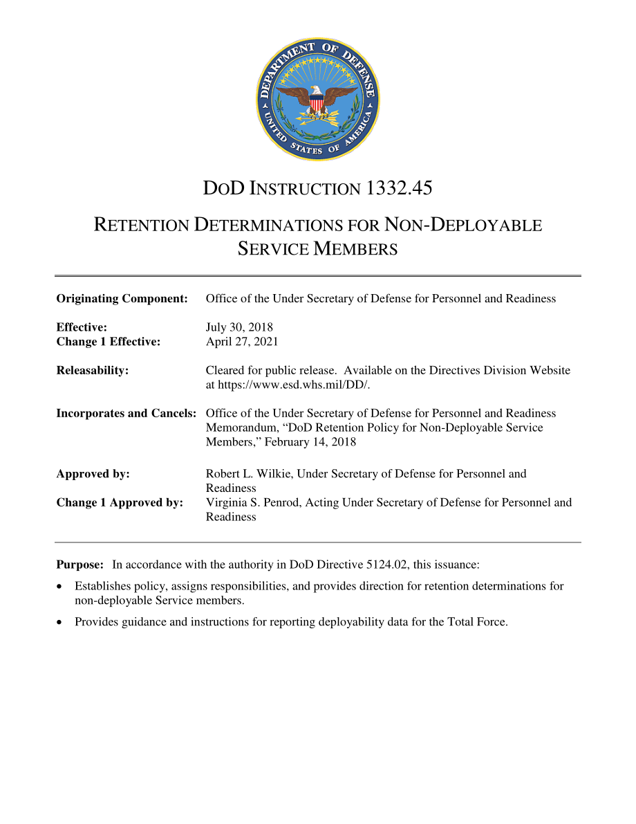 DoDI 1332.45 不可部署服务成员的保留决定.pdf_第1页