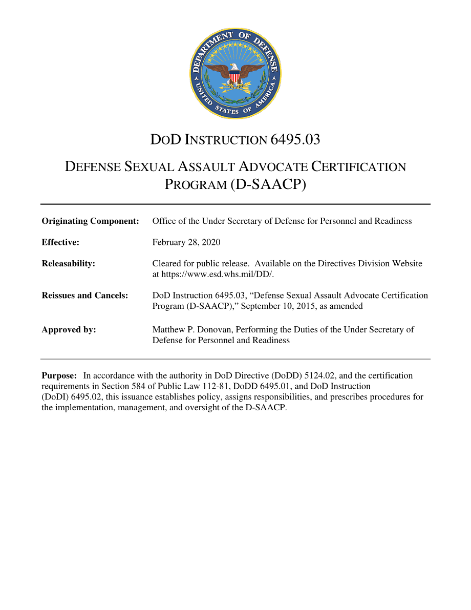 DoDI 6495.03 国防性侵犯倡导者认证计划（D-SAACP）.pdf_第1页
