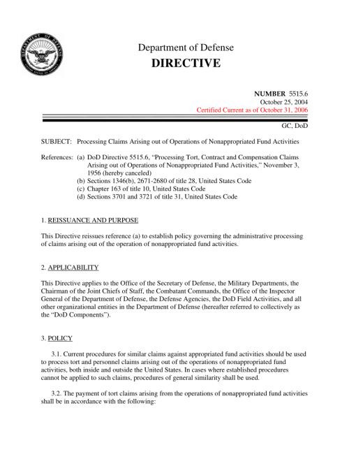 DoDD 5515.06 处理因非拨款基金活动而产生的索赔.pdf