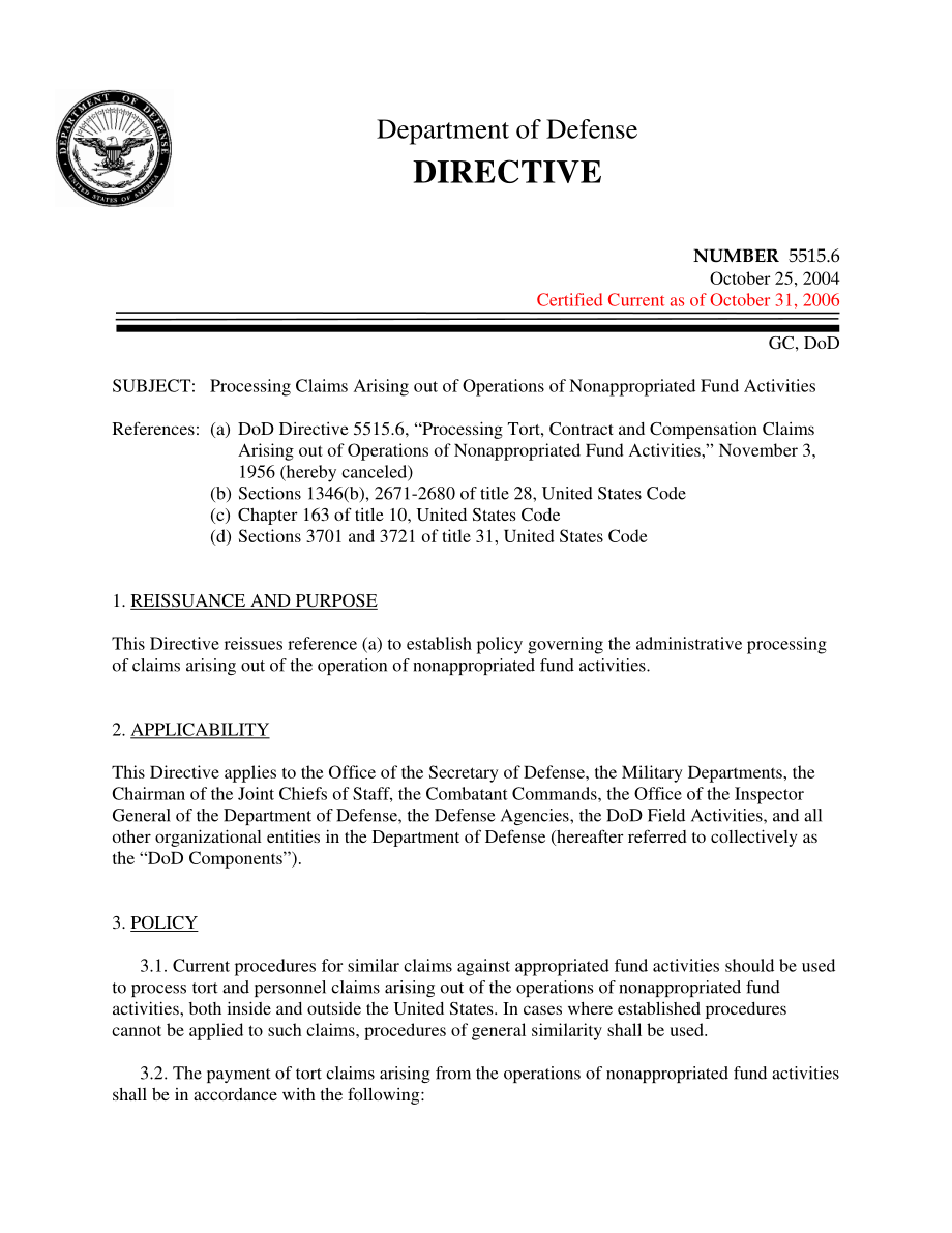 DoDD 5515.06 处理因非拨款基金活动而产生的索赔.pdf_第1页