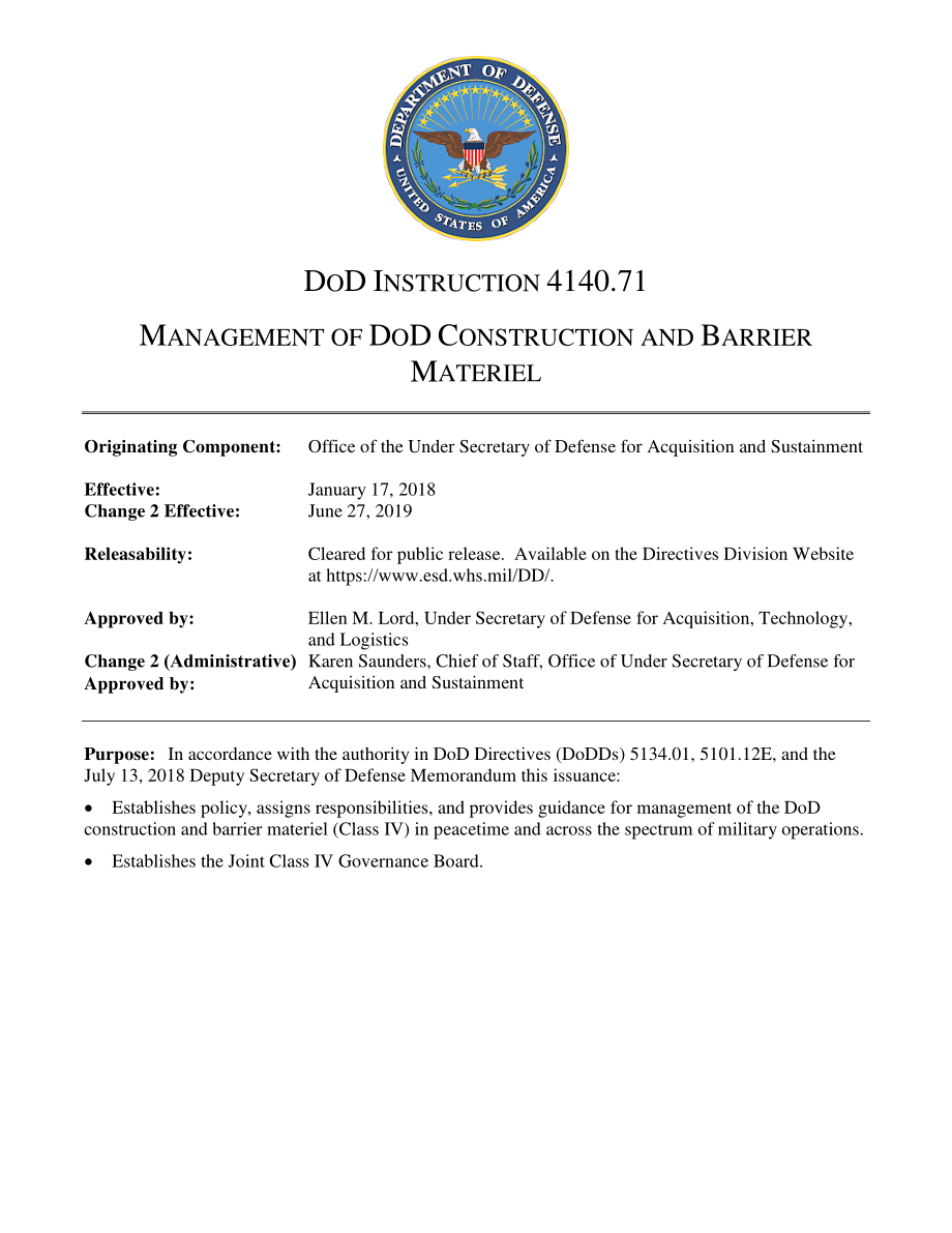 DoDI 4140.71 国防部建设和屏障材料的管理.pdf_第1页