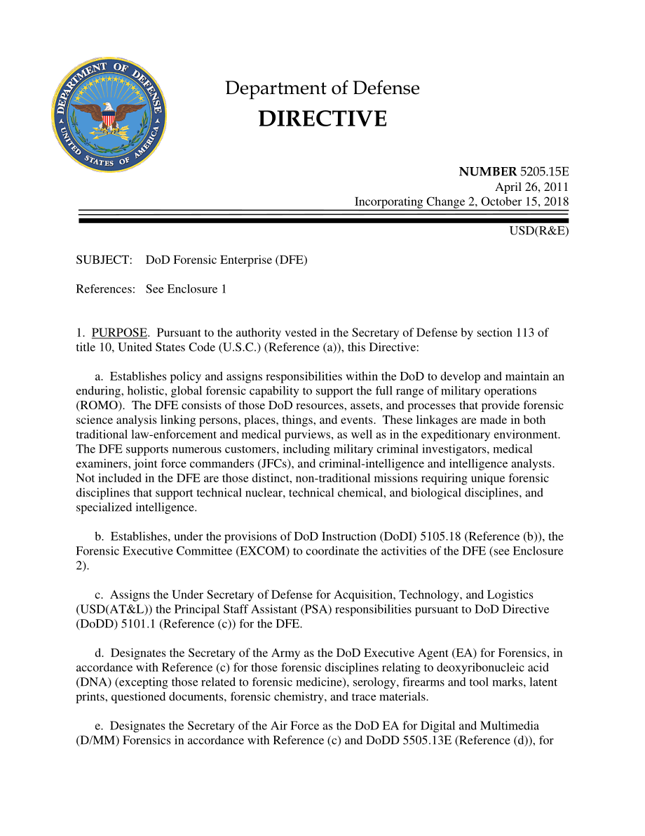 DoDD 5205.15E 国防部法医企业（DFE）.pdf_第1页