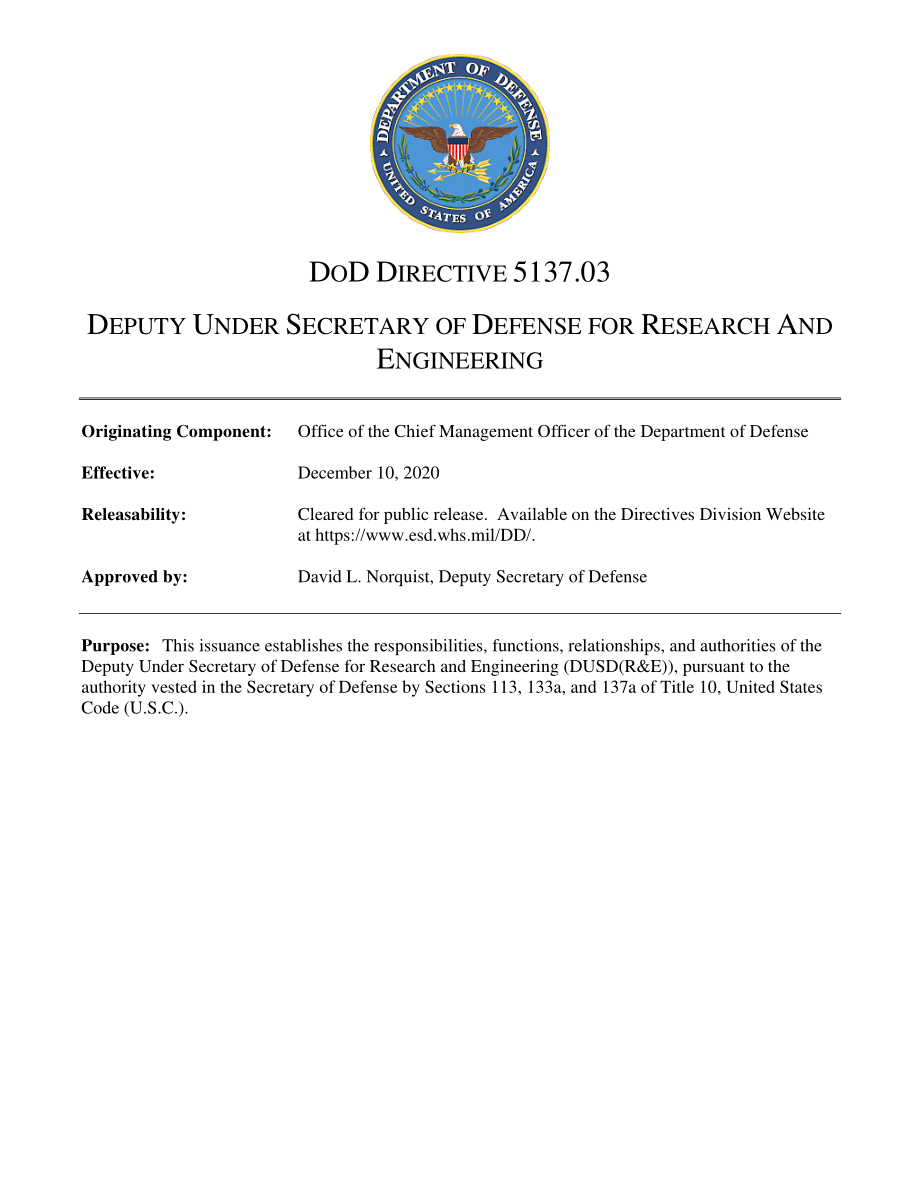 DoDD 5137.03 国防部研究和工程副部长.pdf_第1页