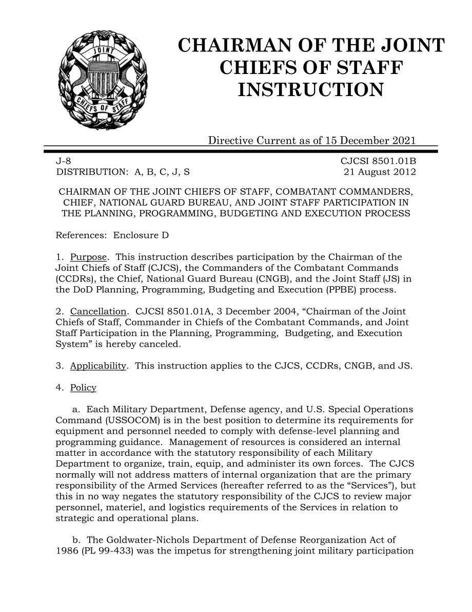 CJCSI 8501.01B 参谋长联席会议主席、作战指挥官、国民警卫队局长和参谋长参与规划、编程、预算和执行系统.pdf_第1页