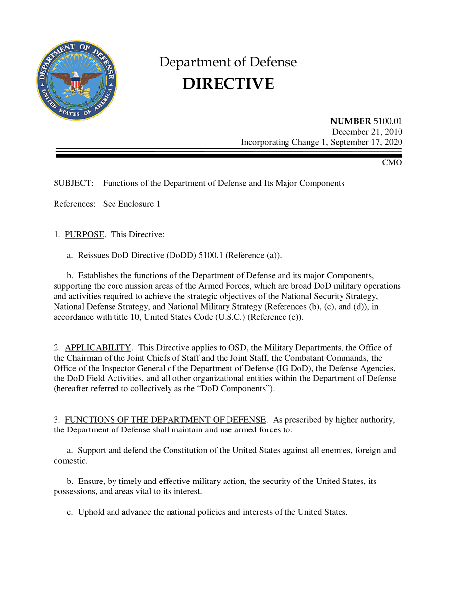 DoDD 5100.01 国防部及其主要部门的职能.pdf_第1页