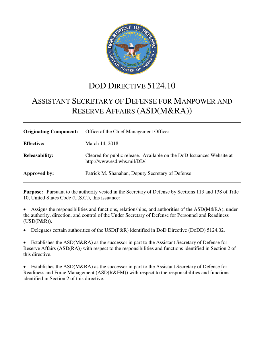 DoDD 5124.10 负责人力和后备事务的助理国防部长（ASD（M&RA））.pdf_第1页
