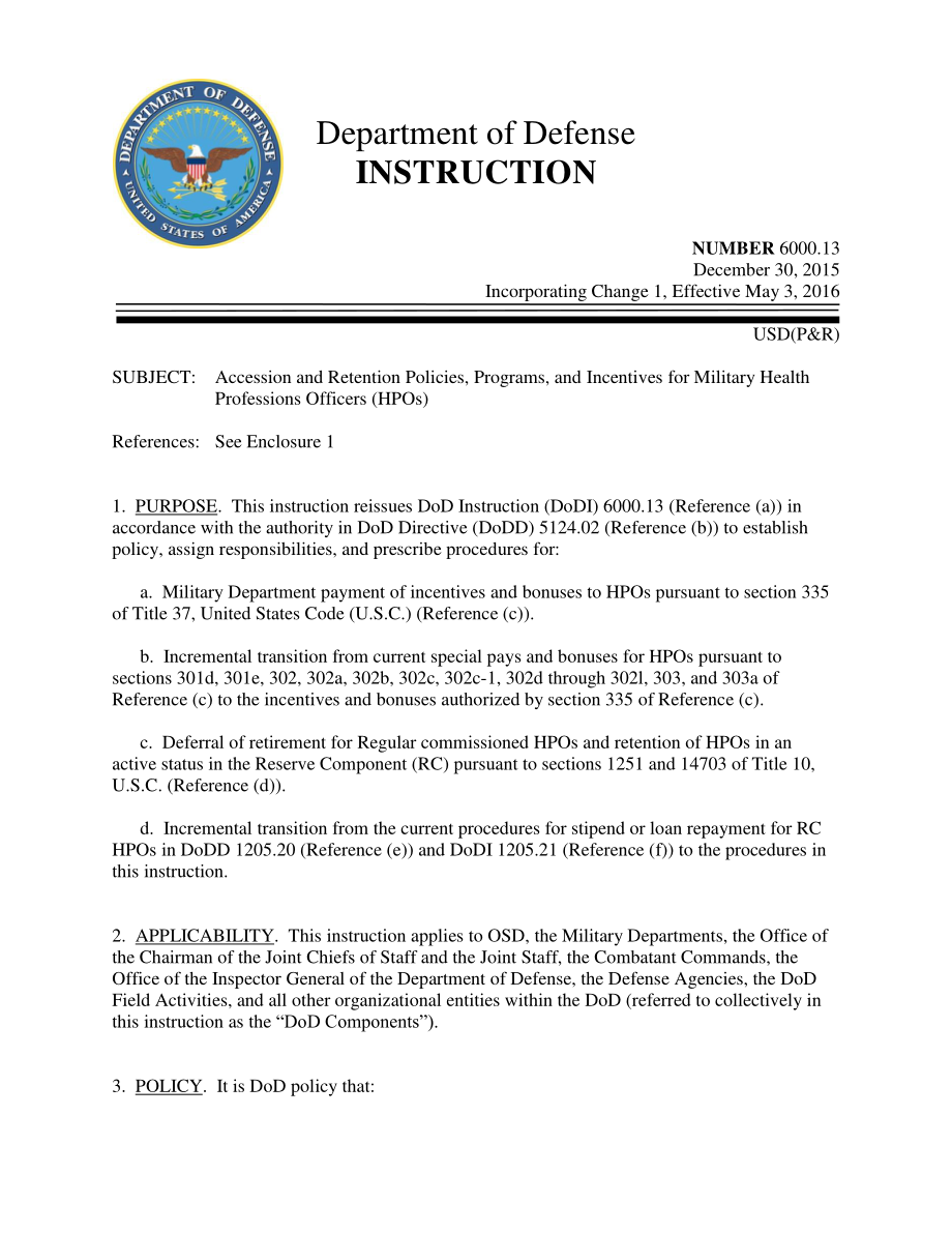DoDI 6000.13 军事卫生专业官员（HPO）的入职和留任政策、计划和激励措施.pdf_第1页