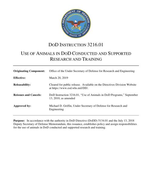 DoDI 3216.01 在国防部进行和支持的研究和培训中使用动物.pdf