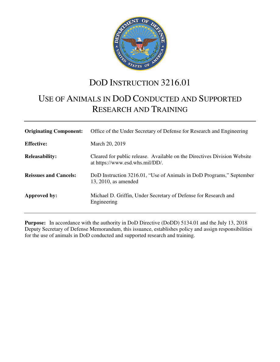 DoDI 3216.01 在国防部进行和支持的研究和培训中使用动物.pdf_第1页