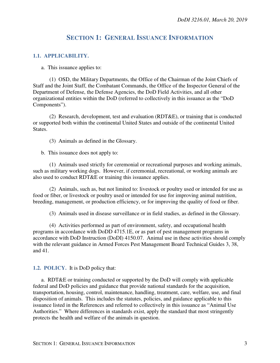 DoDI 3216.01 在国防部进行和支持的研究和培训中使用动物.pdf_第3页