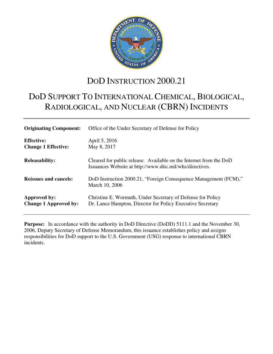 DoDI 2000.21 国防部支持国际化学、生物、辐射和核（CBRN）事件.pdf_第1页