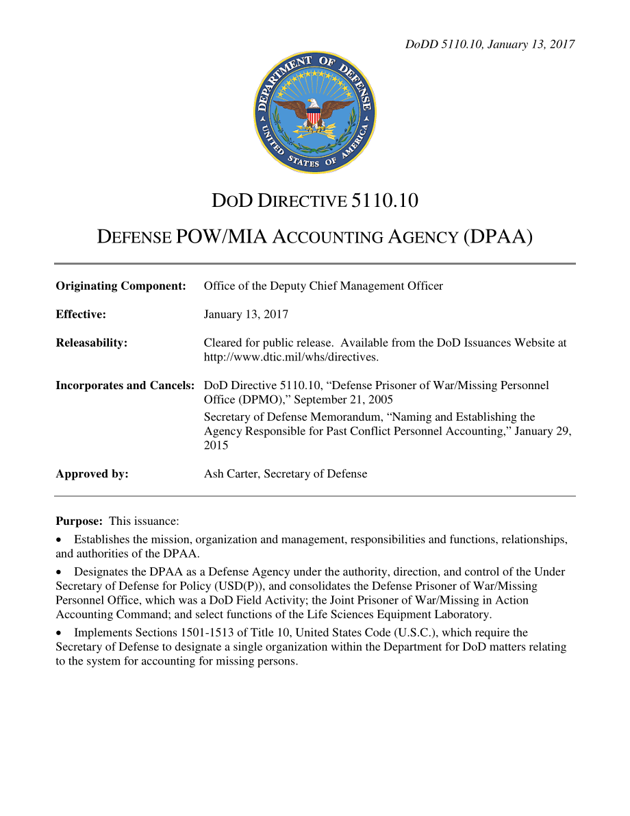 DoDD 5110.10 国防部战俘失踪人员会计署（DPAA）.pdf_第1页