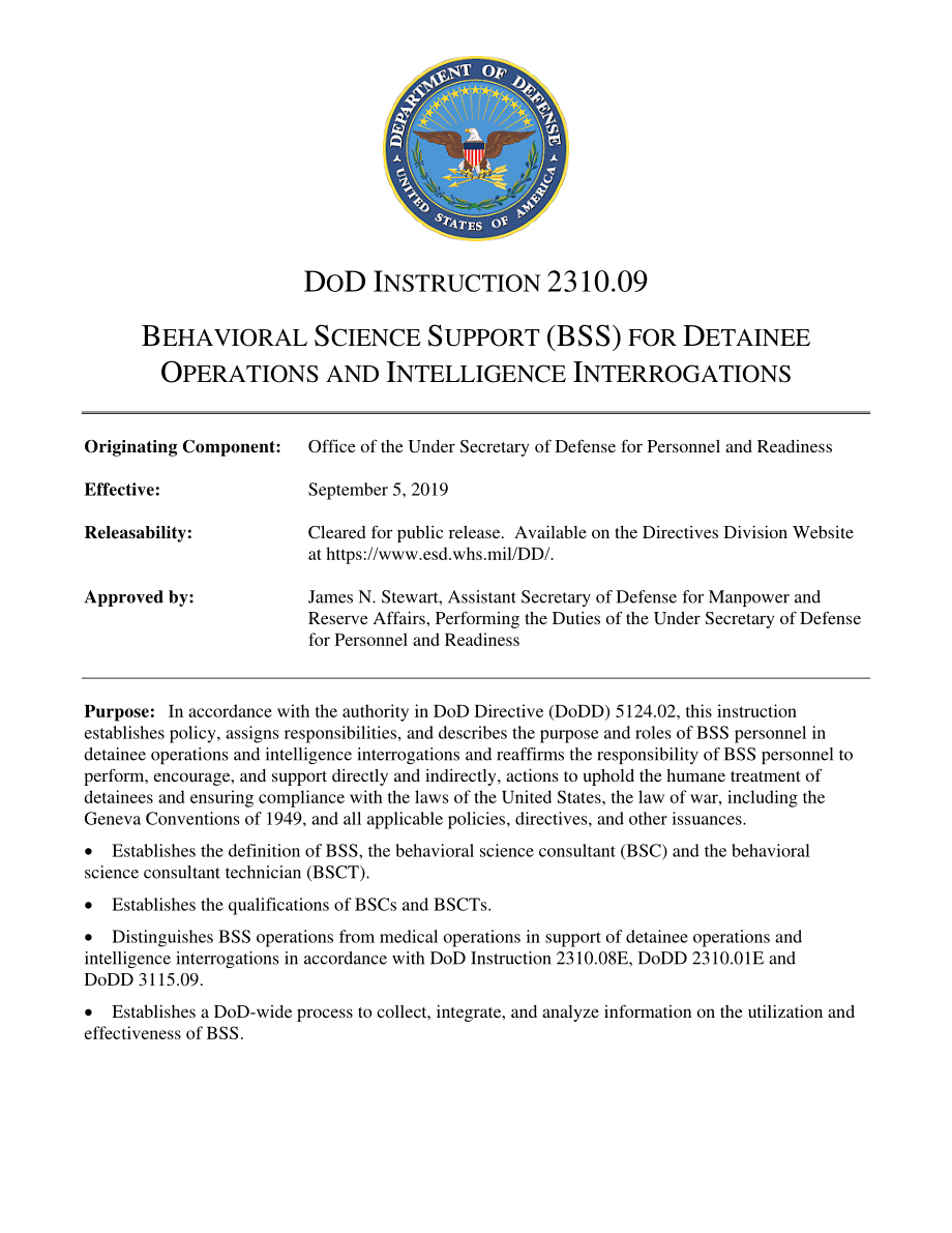 DoDI 2310.09 被拘留者行动和情报审讯的行为科学支持（BSS）.pdf_第1页
