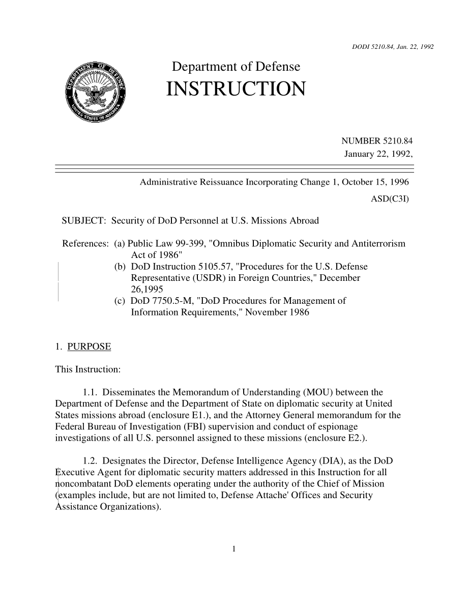 DoDI 5210.84 美国驻外使馆国防部人员的安全.pdf_第1页