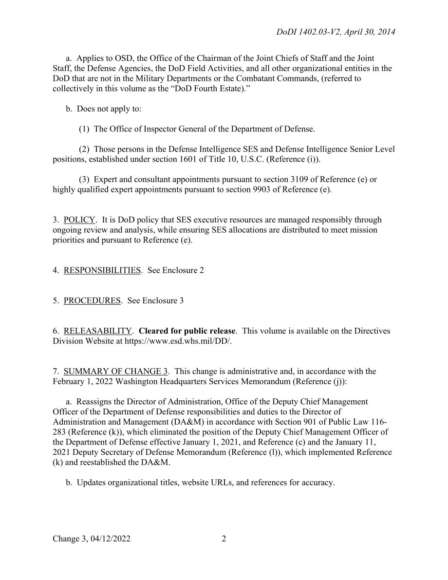 DoDI 1402.03 Volume 2 国防部第四权力中的高级行政服务（SES）、高级（SL）和科学与专业（ST）人员类别：行政资源管理.pdf_第2页