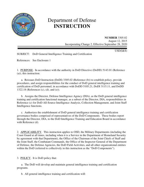 DoDI 3305.02 国防部通用情报培训和认证.pdf