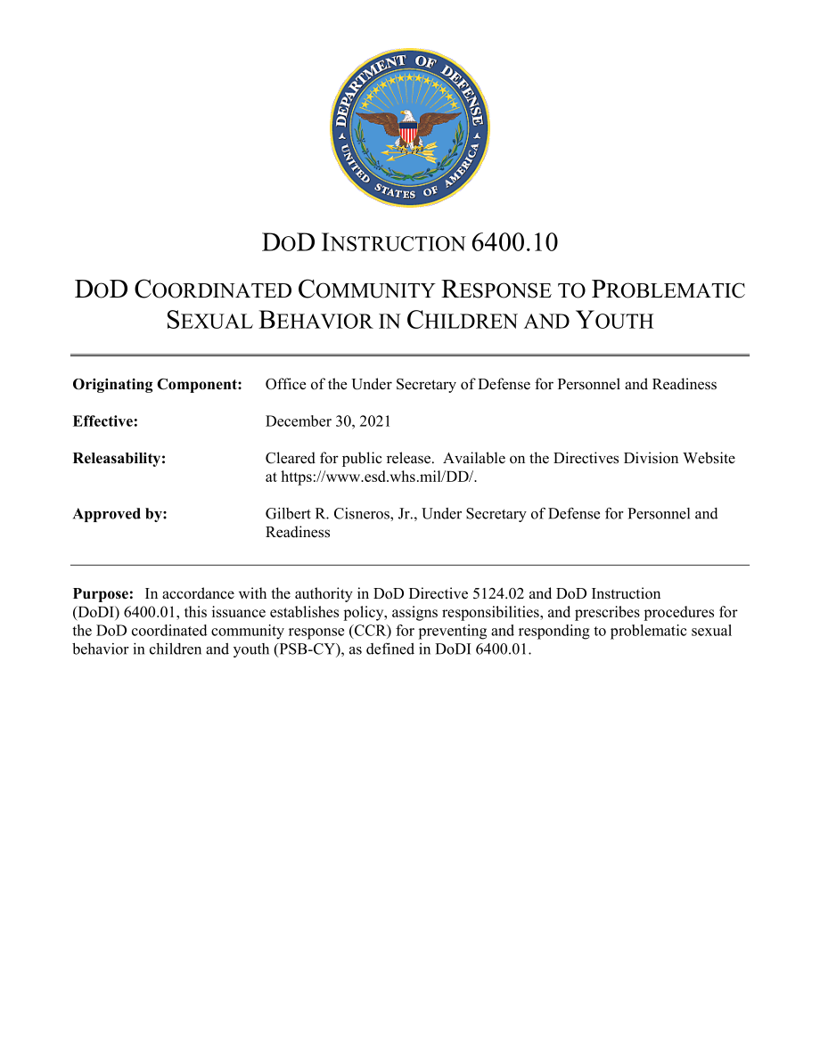DoDI 6400.10 国防部协调社区应对儿童和青少年问题.pdf_第1页