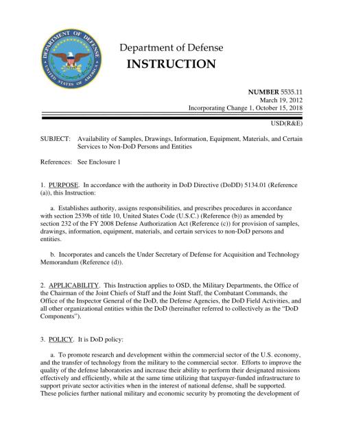 DoDI 5535.11 向非国防部人员和实体提供样品、图纸、信息、设备、材料和某些服务.pdf