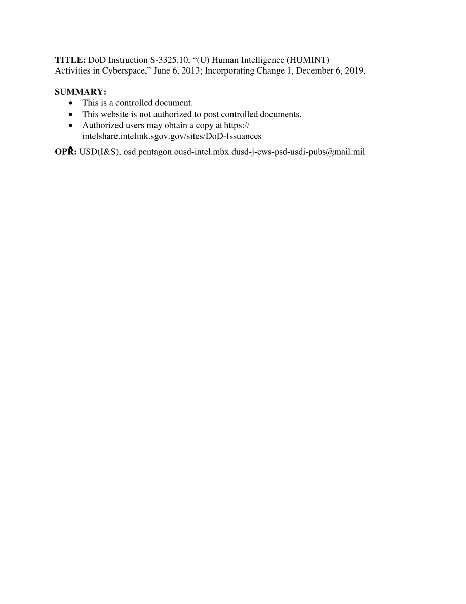 DoDI S-3325.10 （u）人类智能（HUMINT）在网络空间的活动.pdf_第1页