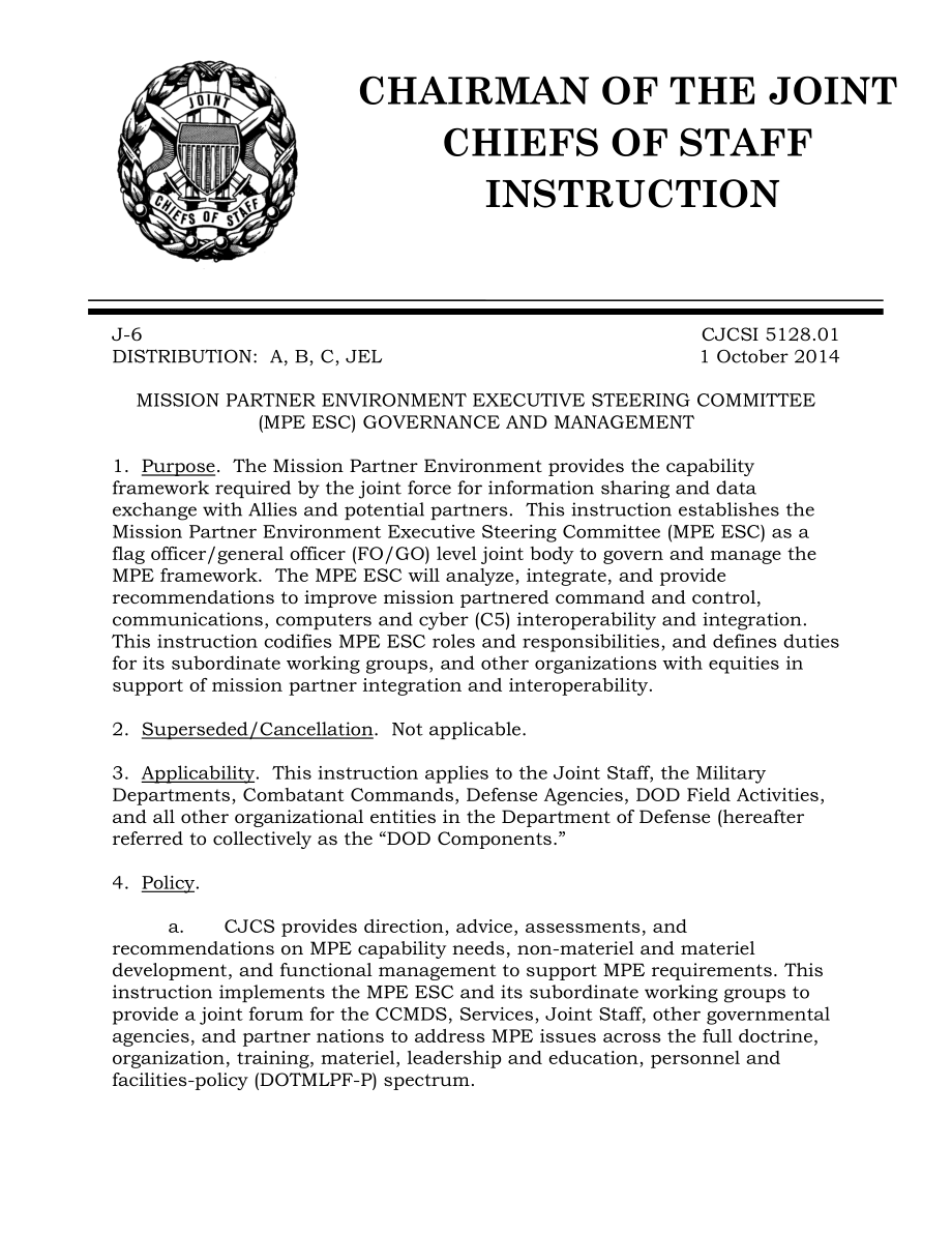 CJCSI 5128.01  使命伙伴环境执行指导委员会（MPE ESC）治理和管理.pdf_第1页