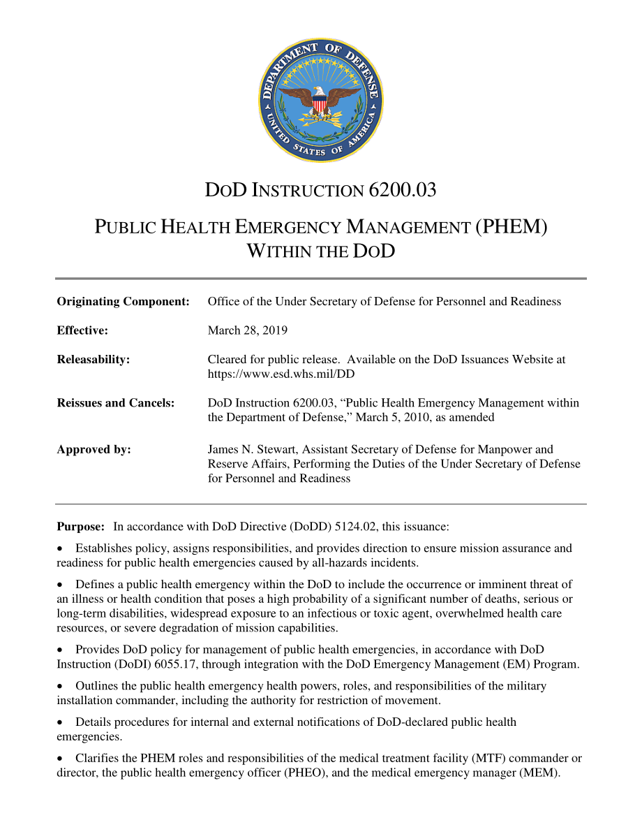 DoDI 6200.03 国防部内部的公共卫生应急管理（PHEM）.pdf_第1页
