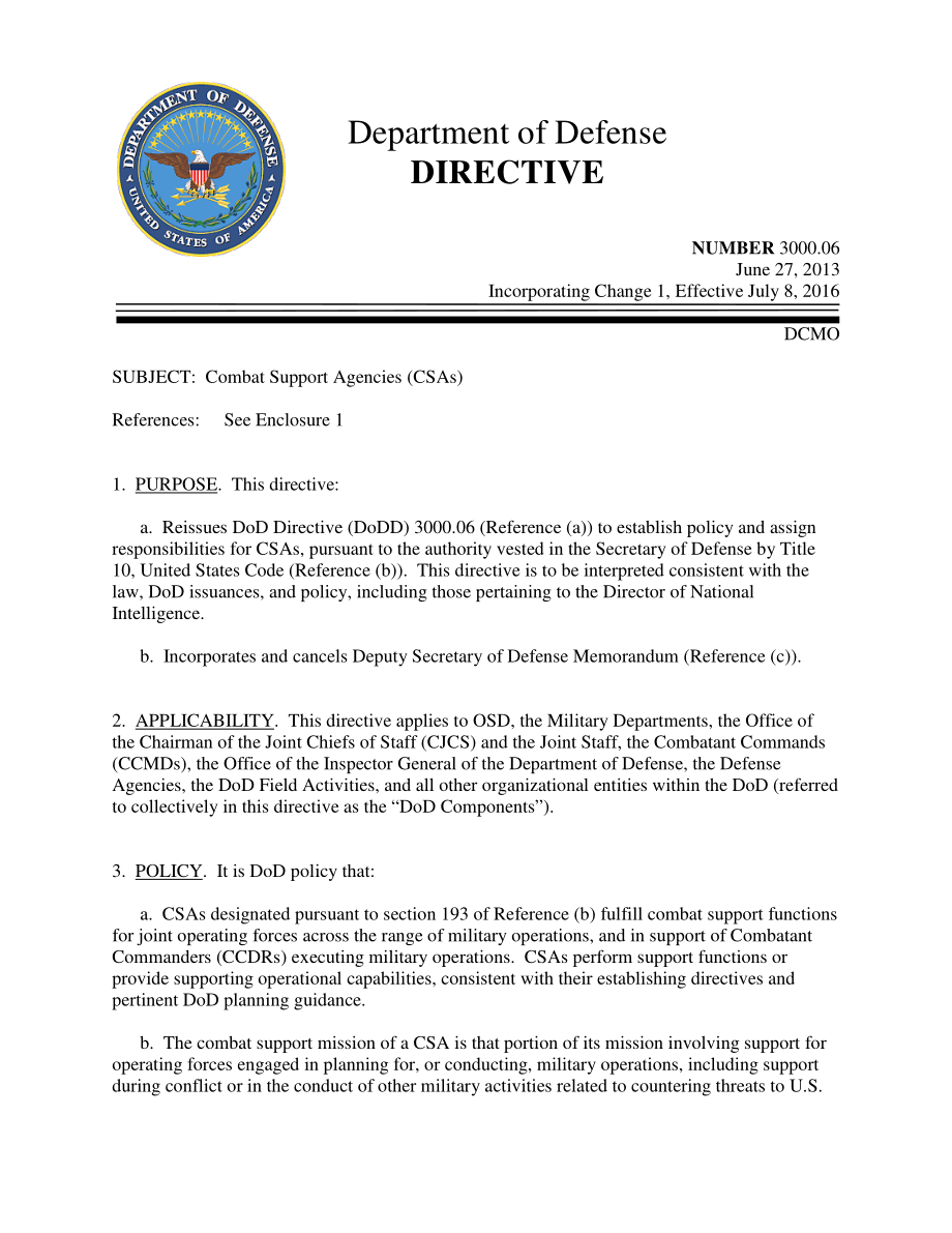 DoDD 3000.06 战斗支援机构（CSA）.pdf_第1页