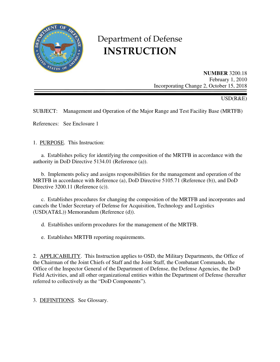 DoDI 3200.18 主要靶场和测试设施基地（MRTFB）的管理和运营.pdf_第1页