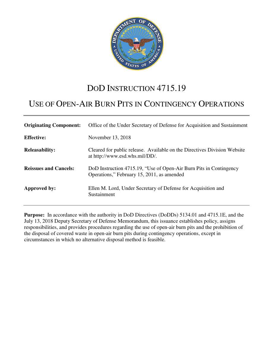 DoDI 4715.19 在应急行动中使用露天燃烧坑.pdf_第1页