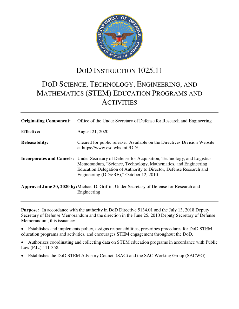 DoDI 1025.11 国防部科学、技术、工程和数学（STEM）教育计划和活动.pdf_第1页