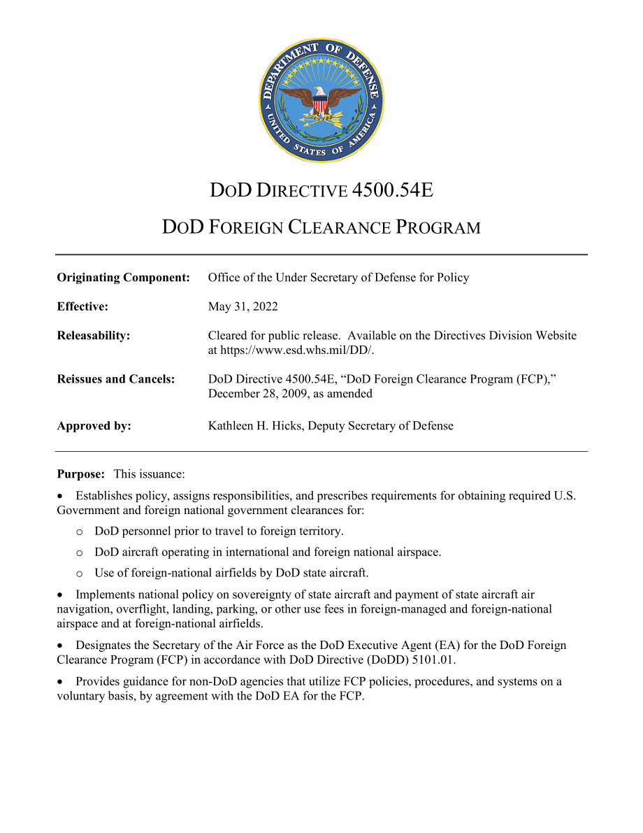 DoDD 4500.54E 国防部外国清关计划.pdf_第1页